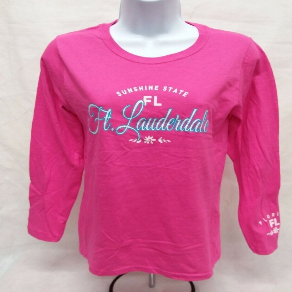 Women's Small Gildan Long Sleeve Solid Pink Round Neck T-Shirt
